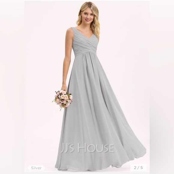 A-Line V-neck Floor-Length Chiffon Bridesmaid Dress With Ruffle in Silver. - Picture 1 of 6